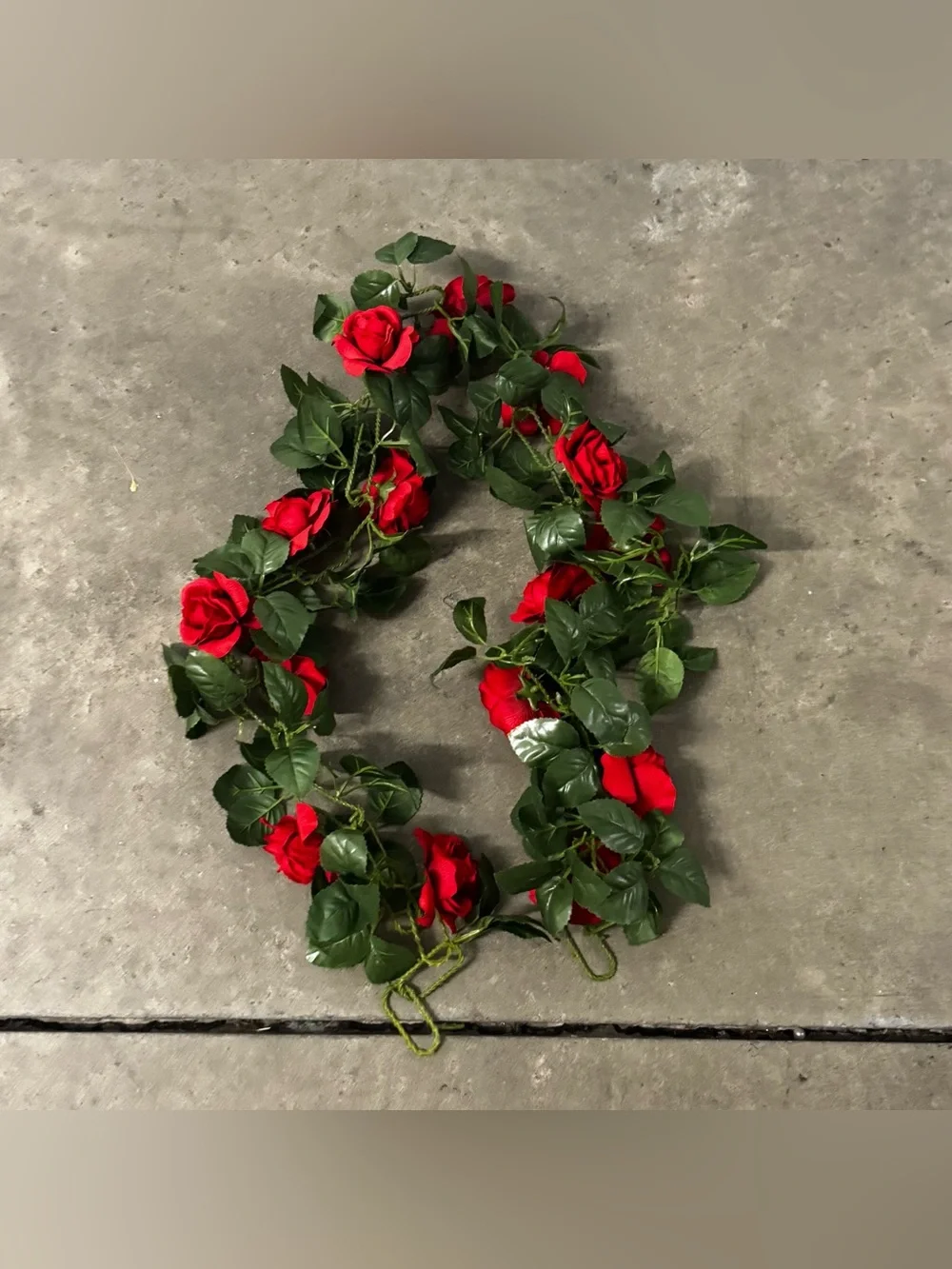 Red Rose Garland with Lush Green Leaves - Decorative Holiday Vine